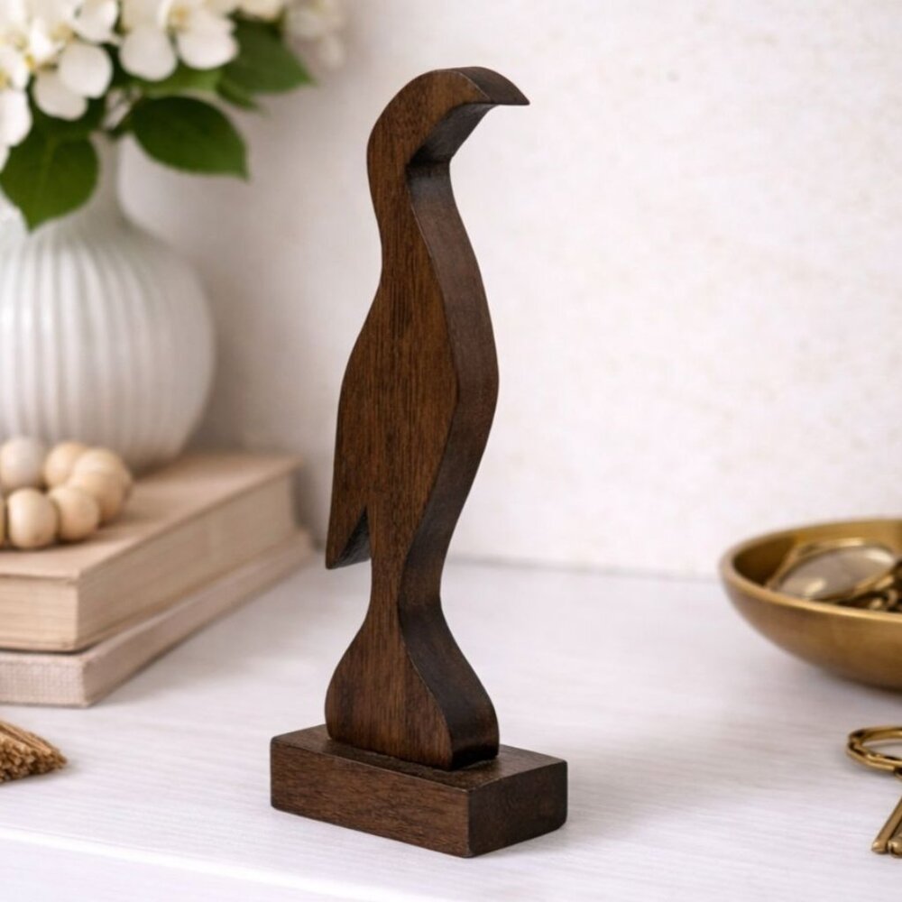 Hand-Carved Wooden Bird Figurine Vintage 8" Tall Decorative Sculpture With Base
